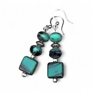 Hand crafted Green and Black Beaded Dangle Earrings